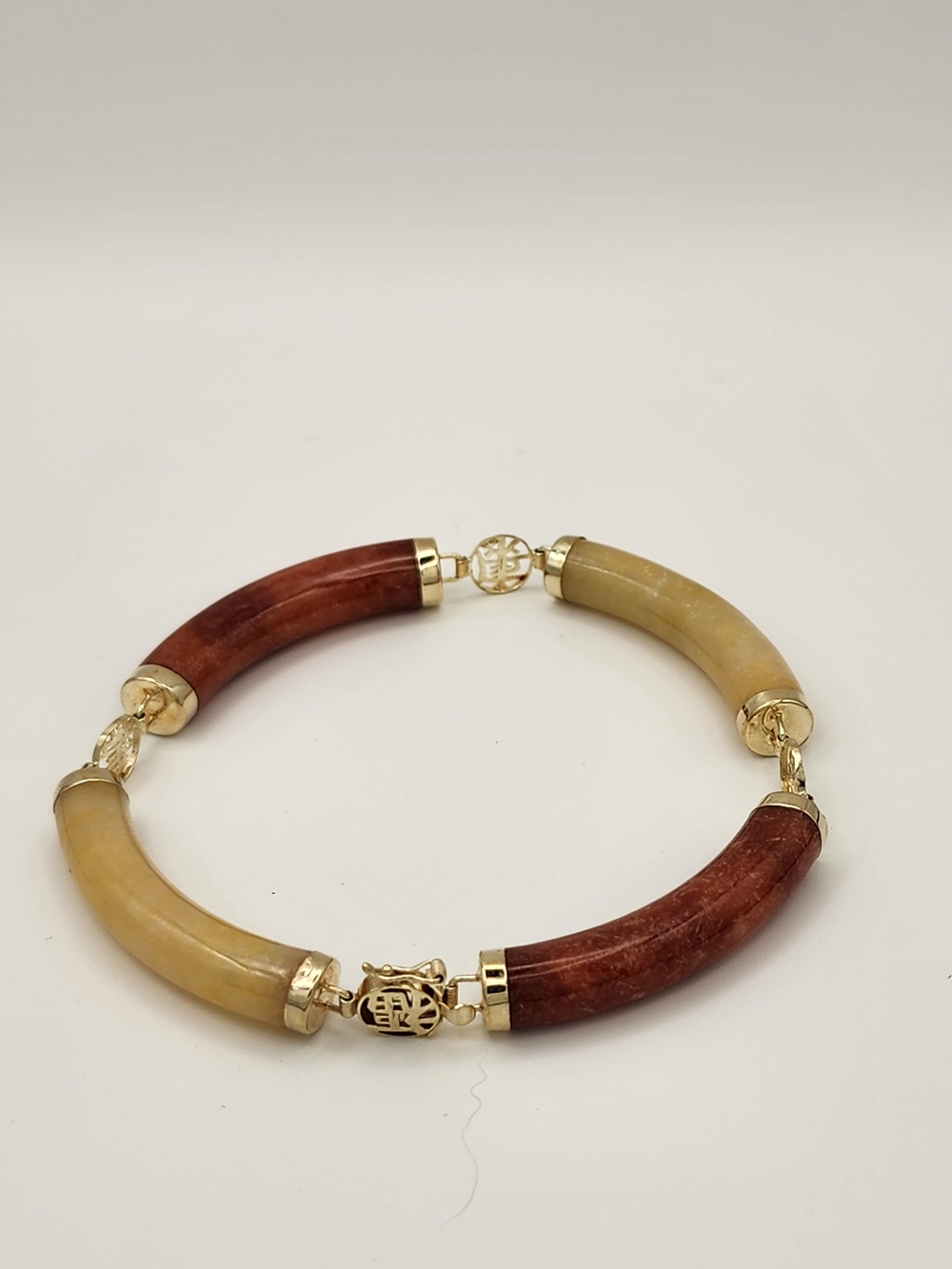 Vintage 14K Gold Multicolor Jade Fu Lu Shou Xi Bracelet 8"